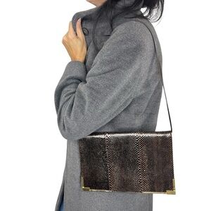 Vintage dark brown leather snake skin style flap shoulder bag clutch purse